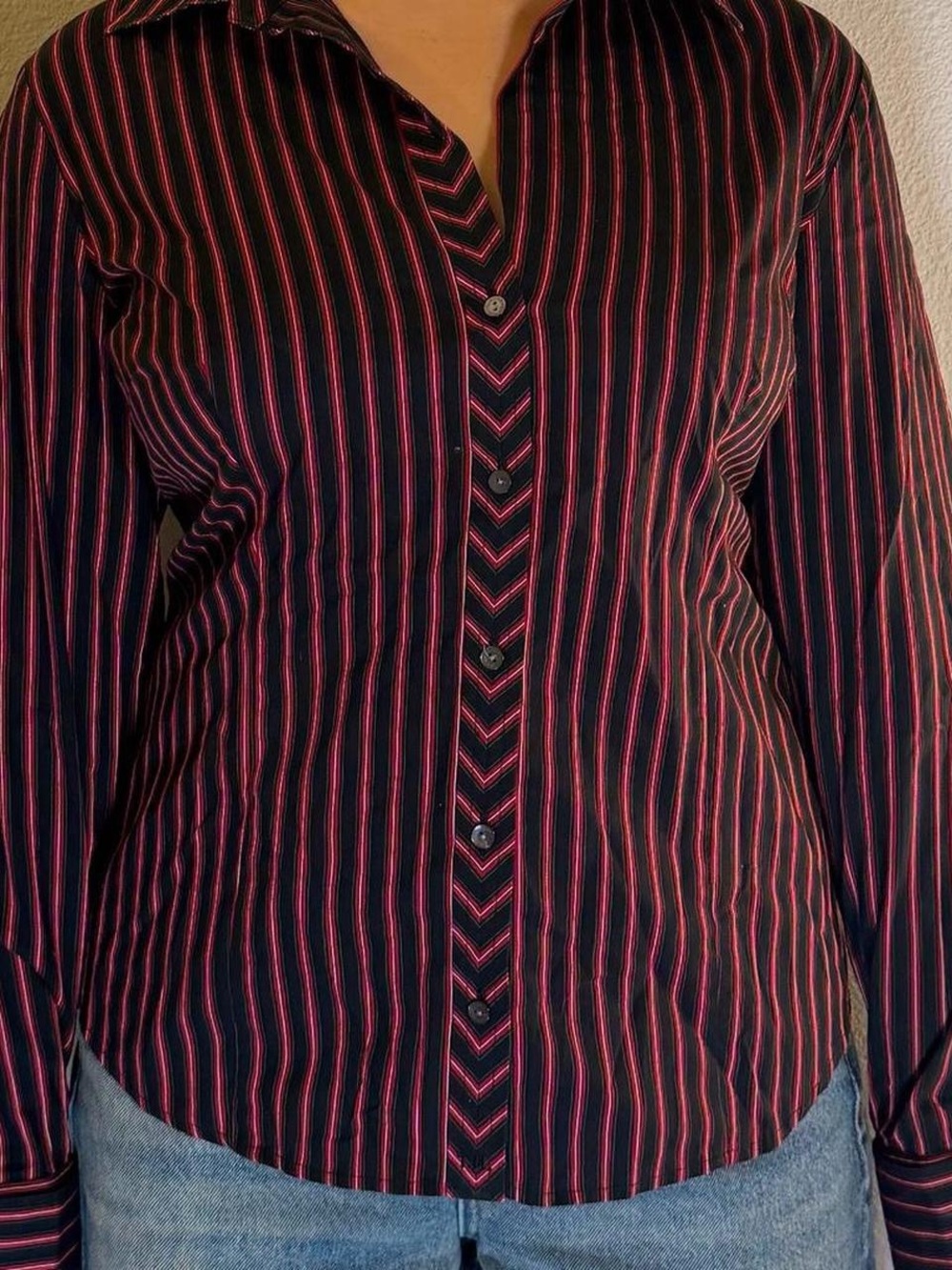 Tommy Hilfiger Black Button-Front Shirt with Pink Stripes